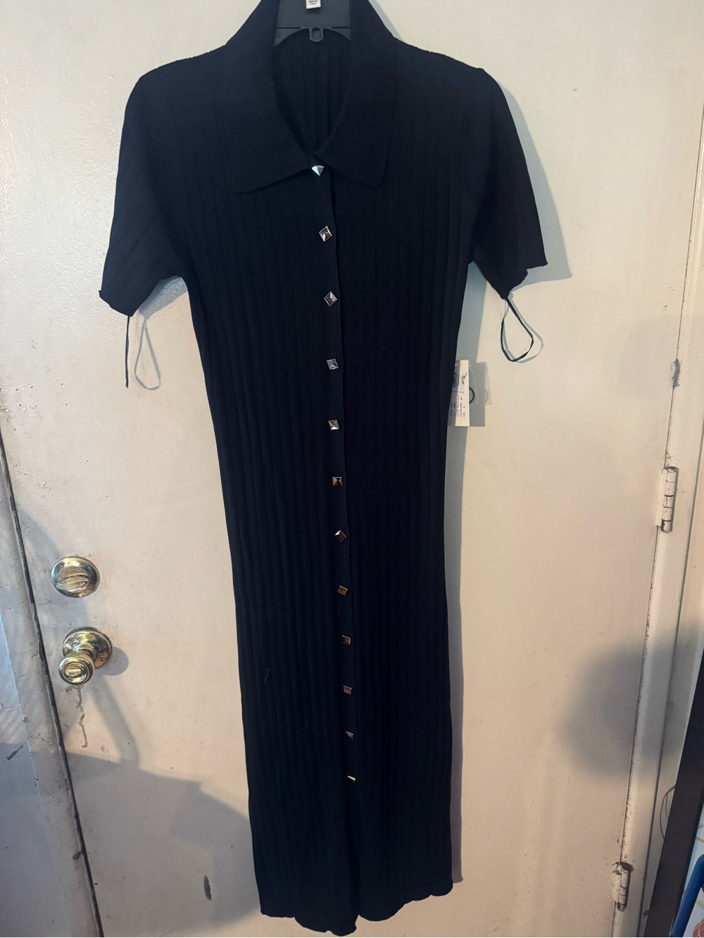 Black Ribbed Button-Front Collared Midi Dress - Picture 1 of 8